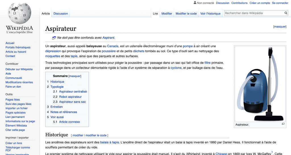 Page wikipedia sur l'aspirateur